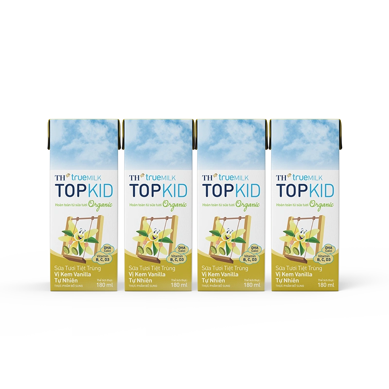 Lốc 4 hộp sữa tươi TH True Milk TOPKID Organic vị kem vani 180ml